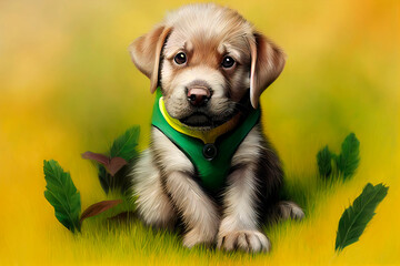 Animal characters for cartoons. Cute emotional puppies. Green background with flowers in the forest. Illustration for advertising, cartoons, games, print media.