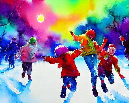 The kids are having a blast throwing snowballs at each other. They're all bundled up in their winter gear, and the cold doesn't seem to bother them one bit. The fresh powder is flying everywhere as th