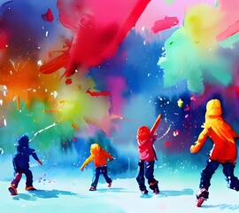 In the picture, kids are throwing snowballs at each other and appear to be having a great time. The winter scenery is beautiful with the trees and houses covered in snow.