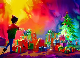 The kids are excitedly tearing open their Christmas gifts. Some are laughing with joy, others have looks of surprise on their faces. All around the room is a sea of wrapping paper and ribbon.
