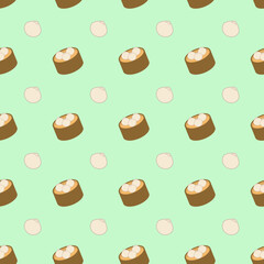 Dim sum and basket, seamless pattern, vector. A pattern of dumplings and a basket on a green background.