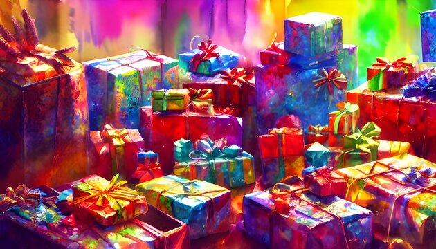 This is a picture of several wrapped presents with bows. They are sitting under a Christmas tree. The colors are red, green, and gold.