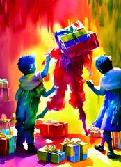 The kids are eagerly ripping open their presents, throwing wrapping paper everywhere. They're squealing with delight at the new toys they've received.