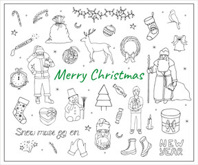 Hand-drawn christmas doodles. Christmas characters, quotes and decorations. New year illustration.