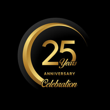 25th Anniversary. Anniversary logo design with golden ring for Anniversary celebration event. Logo Vector Illustration
