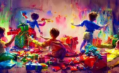 The kids are eagerly tearing open their presents. They're excited to see what Santa brought them this year.
