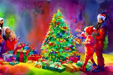 Ten kids sitting around a Christmas tree eagerly reach for their presents. Their eyes light up as they rip off the wrapping paper to reveal what's inside.