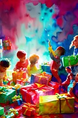 The kids sit in a circle around the tree, ripping open brightly wrapped presents. Laughter and excited cries fill the room as they discover what Santa has brought them.