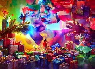 There are colorful presents stacked high beneath a brightly lit Christmas tree. Some gifts are wrapped in shining paper, while others have delicate ribbons draped around them. Excitement hangs in the 