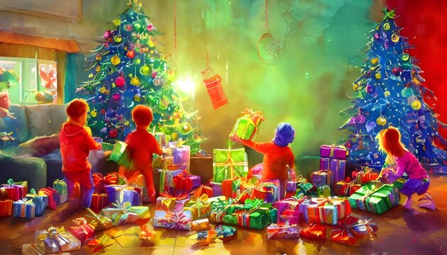 The kids are excitedly tearing open their Christmas gifts. They laugh and shout with joy as they discover what Santa has brought them.