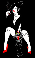 A beautiful, passionate woman with a cigarette in the mouthpiece. Metaphor. Panther.