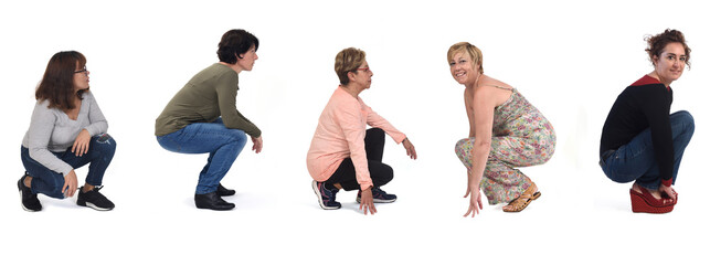 side view of a group of woman sitting squatting on white background