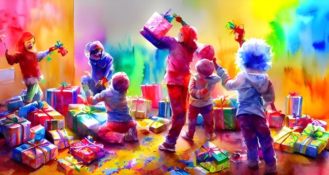 The kids are excitedly tearing open their presents. They exclaim in delight as they see what Santa has brought them. The room is filled with the sound of laughter and happy voices.