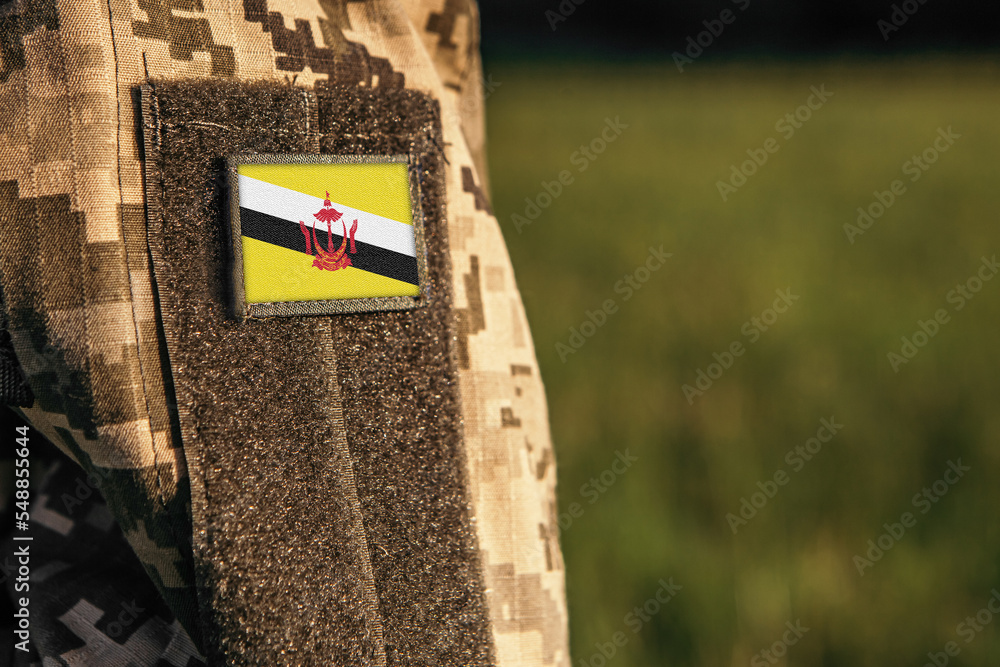 Wall mural close up millitary woman or man shoulder arm sleeve with brunei flag patch. brunei troops army, sold