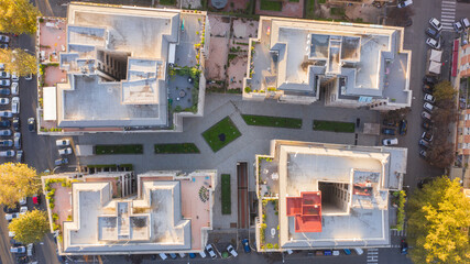Perpendicular aerial view of a group of buildings.