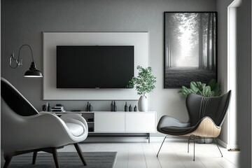 Modern And Minimalist Interior Of Living Room, Gray Armchair With White Tv Cabinate