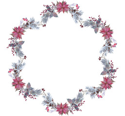 Winter decorative Christmas wreath with poinsettia
