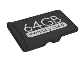 MicroSD memory card, capacity 64 GB. Top view, PNG clipart isolated on transparent background