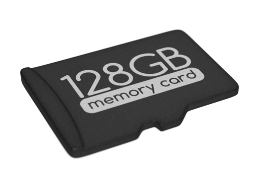 MicroSD memory card, capacity 128 GB. Top view, PNG clipart isolated on transparent background
