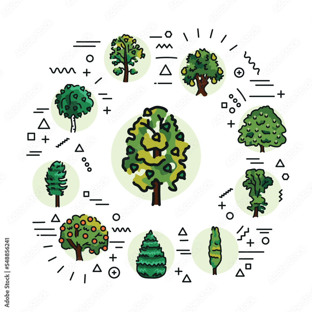 Poster trees web banner. infographics with linear icons
