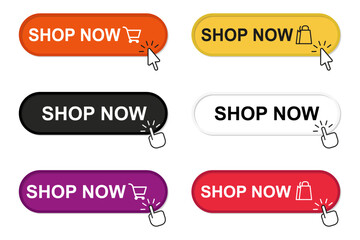 Online shopping. Click here, apply, buttons hand pointer clicking. Shop now button. Vector illustration in flat design