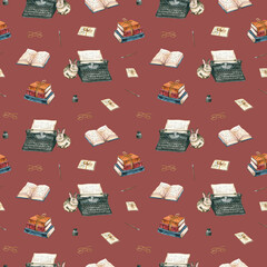 Watercolor ornament with rabbit, typewriter, books, glasses, pen, ink, card. Hand drawn illustration. Vintage seamless pattern is perfect for children fabric textile, wallpaper, background