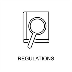 Rules linear icon. Regulations line  icon. black simple illustration of  rules book and magnifier. Contour isolated vector illustration on white background