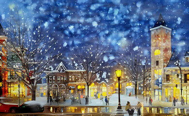 City street on an evening snowy day in December