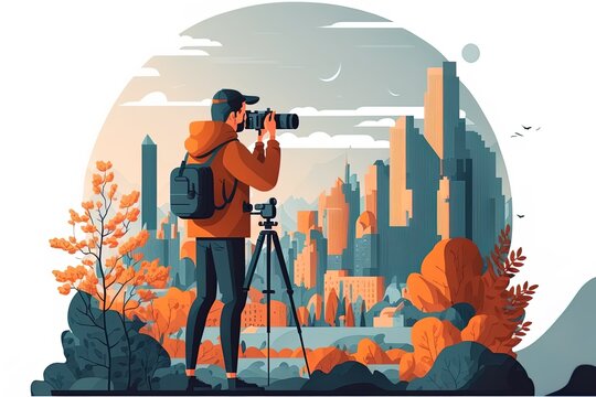 Professional Photographer Taking Picture Of Landscape Of City. Man With Camera On Tripod Flat 2D Illustrated Illustration. Photography, Traveling, Nature Concept For Banner, Website Design Or Landing