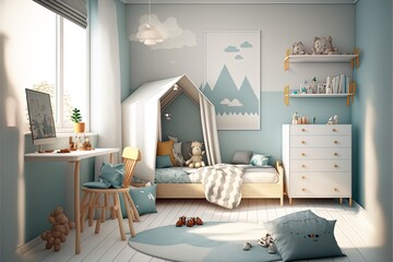 Kids Room Modern Interior Illustration Of Bedroom Furniture In Scandinavian Style.