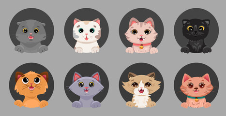 Cute set with funny cat face icons for profile. Cute pet portraits of different breeds on dark cirlcу background. Vector cartoon illustration for your design