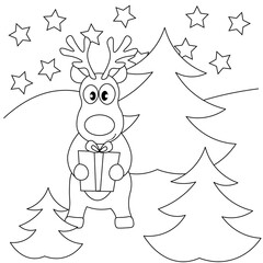 Vector coloring pages with cute deer holding a gift box. Cartoon contour illustration isolated on white background