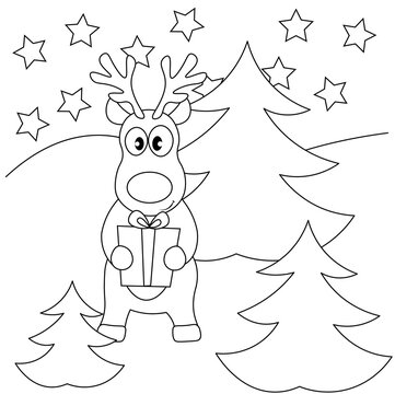 Vector coloring pages with cute deer holding a gift box. Cartoon contour illustration isolated on white background