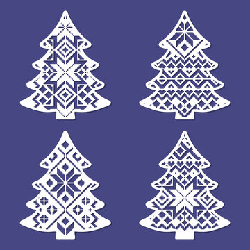 Christmas trees. A set of templates for laser cutting of paper, cardboard, wood, metal. For the design of Christmas tree decorations, New Year and Christmas decor, stencils, silkscreen printing. Vecto