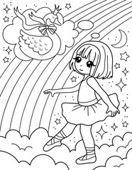 Ballerina and swan. Coloring book with ballerina. Dancing. Black and white vector illustration.