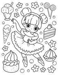 Coloring book with ballerina. Dancing. Black and white vector illustration.