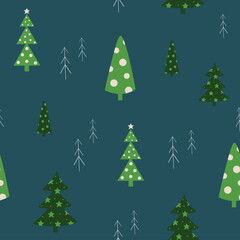 Seamless pattern with christmas trees. Flat new years trees in green color on dark night background