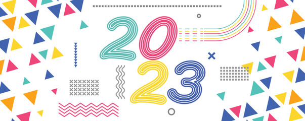 A new year 2023 cover with modern abstract geometric design and background in retro style. new year greeting card banner for 2023 typography . Colorful Vector illustration.	