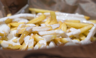 French fries with gravy. Close-up photo of a portion of french fries with mayonnaise or yoghurt sauce.