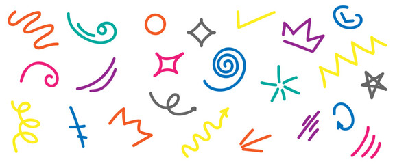 Fun colorful line doodle shape icons. Design for children or party celebration with basic shapes