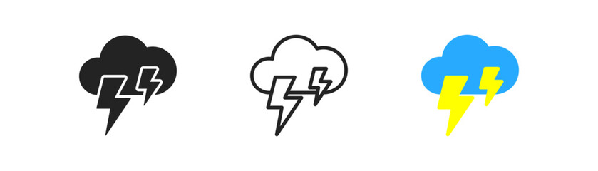 Thunder cloud icon on light background. Blue cloud with yellow lightning in flat style. Forecast concept. Rainstorm symbol. Simple design. Vector illustration.