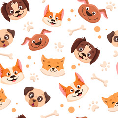 Seamless pattern with cute dogs of different breed. Colorful childish texture with pets for fabric, textile, wrapping paper. Vector cartoon Illustration