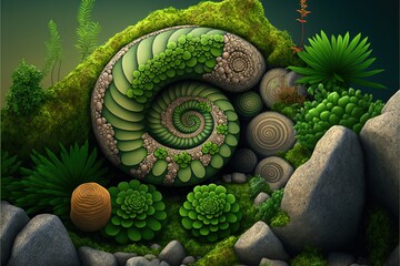 Background with rocks and plants in cartoon style.
