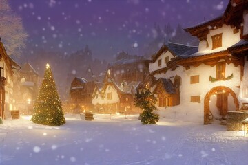 Fototapeta na wymiar snowy town landscape with cozy, warm lighting.