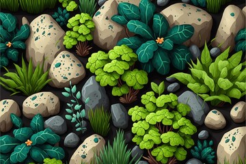 Background with rocks and plants in cartoon style.