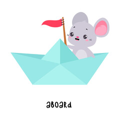 Little Mouse Aboard of Paper Boat as English Language Preposition for Educational Activity Vector Illustration