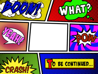 A panel from a comic book page layout, with an empty cutout as the central frame  others contain onomatopoeia and speech bubbles: boom, what, yeah, pow, crash, to be continued.  © Grenar
