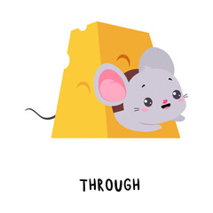 Little Mouse Peeping Through Cheese Hole as English Language Preposition for Educational Activity Vector Illustration