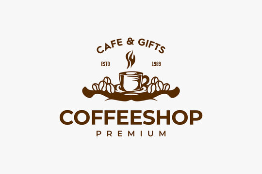 cafe logo with cup and coffee beans
