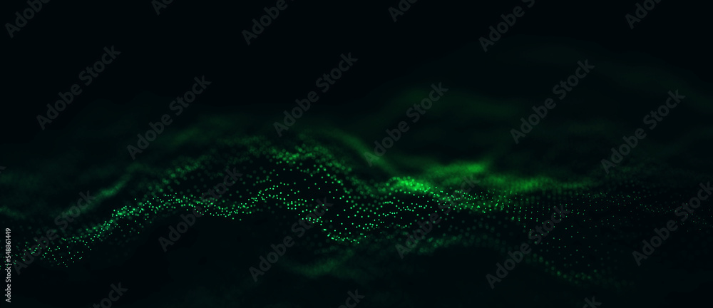 Poster green dynamic wave of particles. abstract futuristic background. big data visualization. 3d renderin